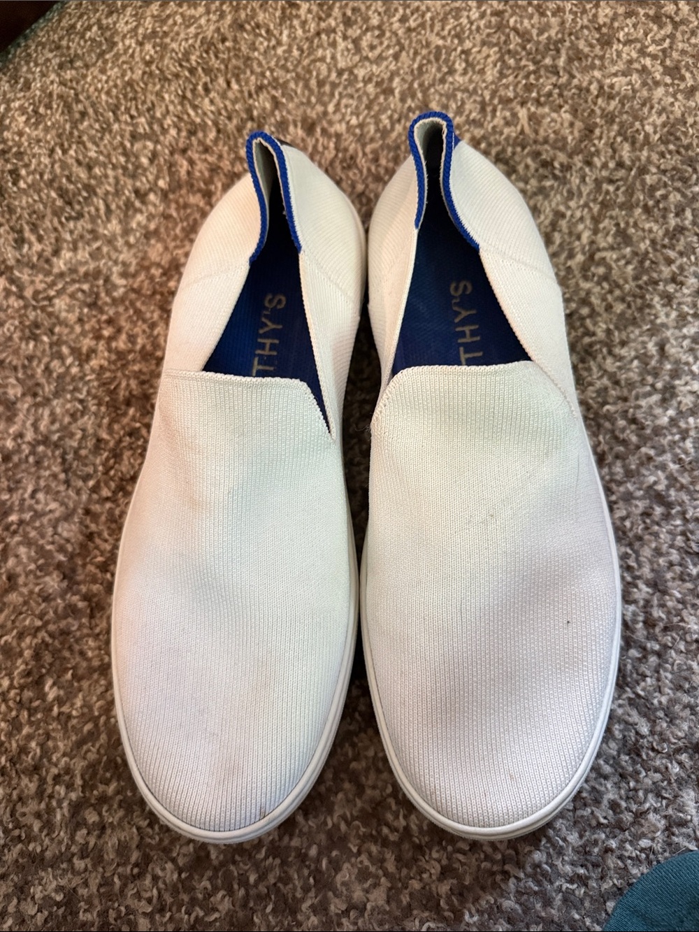 Rothy's White Canvas Slip-On Loafers with Blue Lining